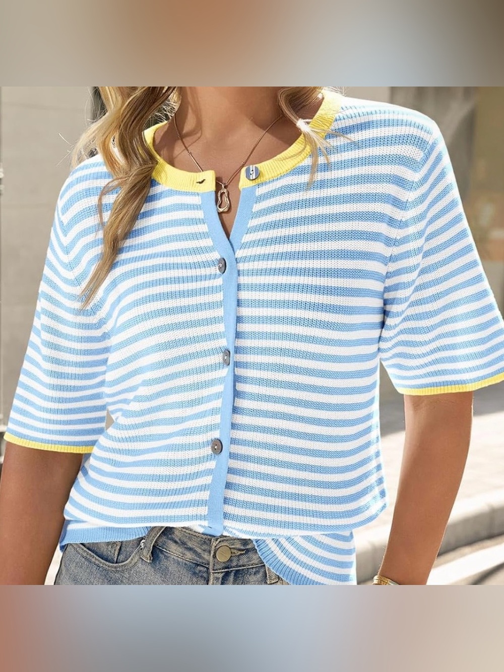 Light Blue and White Striped Short Sleeve Sweater with Yellow Trim